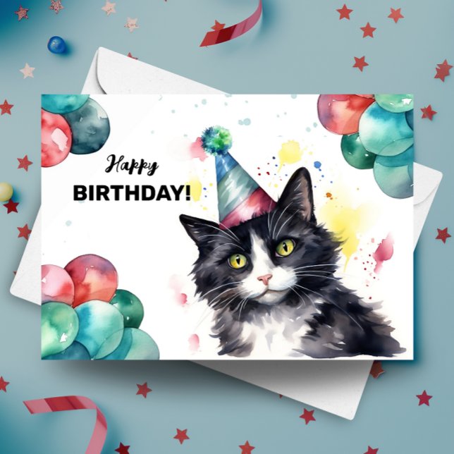 Tuxedo Cat Balloons and Party Hat Happy Birthday  Card (Creator Uploaded)