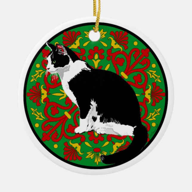 Tuxedo Cat Baroque Ceramic Ornament (Front)