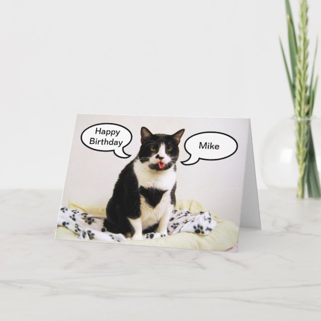 Tuxedo Cat Birthday Mike Humour Card (Front)