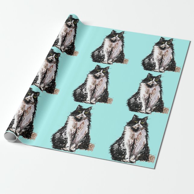 Tuxedo Cat Black and White Cats Aqua turquoise Wrapping Paper (Unrolled)