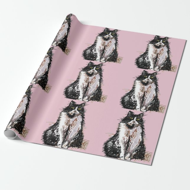 Tuxedo Cat Black and White Cats Baby Pink Wrapping Paper (Unrolled)