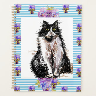 Tuxedo Cat Black and White Cats Girls Blue Floral Planner