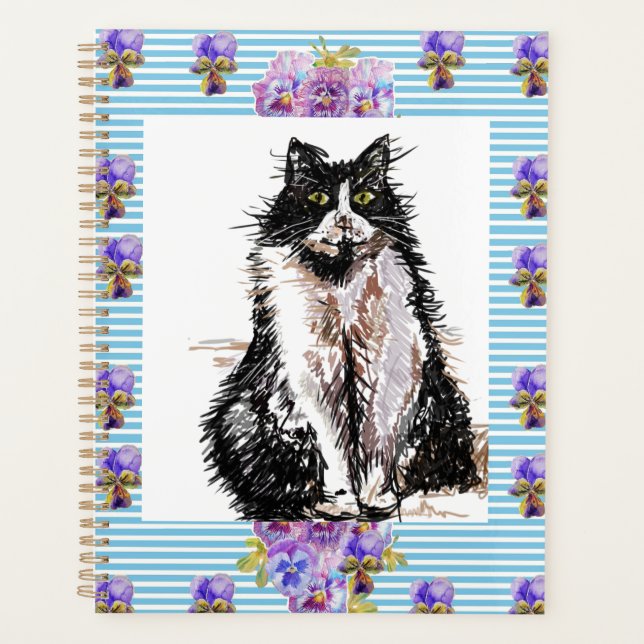 Tuxedo Cat Black and White Cats Girls Blue Floral Planner (Front)