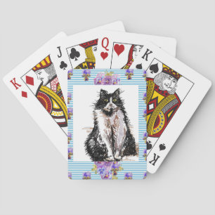Tuxedo Cat Black and White Cats Girls Blue Floral Playing Cards