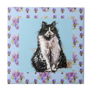 Tuxedo Cat Black and White Cats Happy Tile