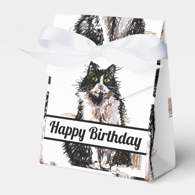 Tuxedo Cat Black Birthday Cats Cake Favour Box (Front Side)