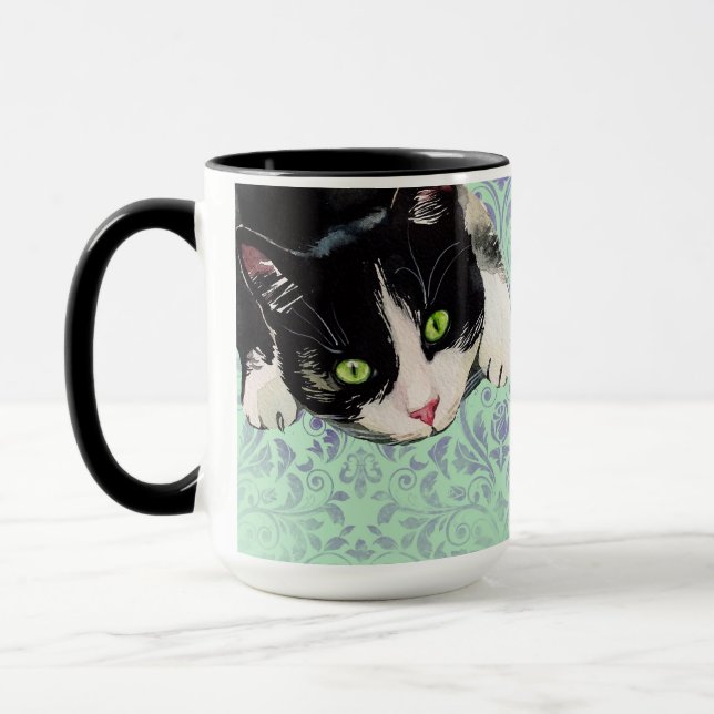Tuxedo Cat & Black Cat on Damask Print Mug (Left)