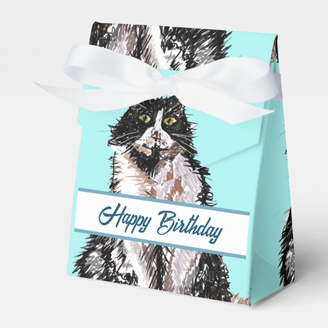 Tuxedo Cat Black White Cats Birthday Cake  Favour Box (Front Side)