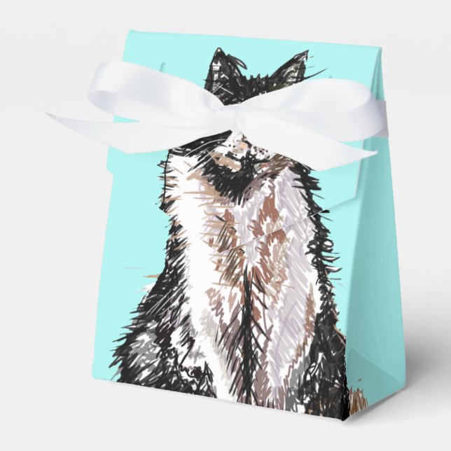 Tuxedo Cat Black White Cats Birthday Turquoise Favour Box (Front Side)