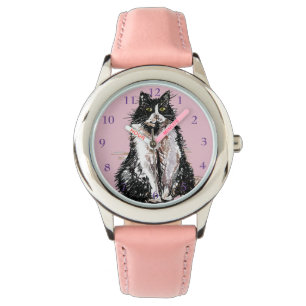 Tuxedo Cat Black White Cats Cute Pink  Girls Watch