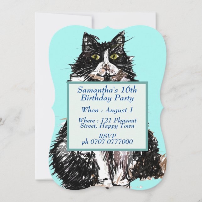 Tuxedo Cat Black White Cute Cats 16th Birthday Invitation (Front)