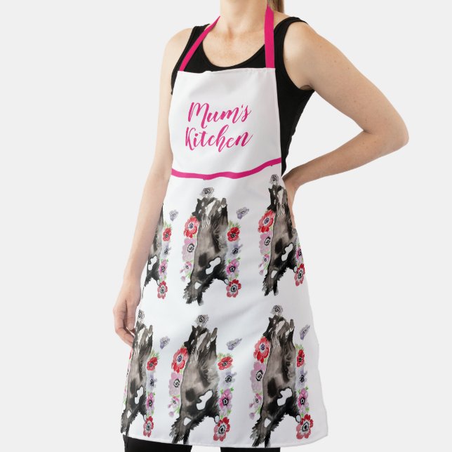 Tuxedo Cat Black White Funny Cute Cats Floral Apron (Insitu)