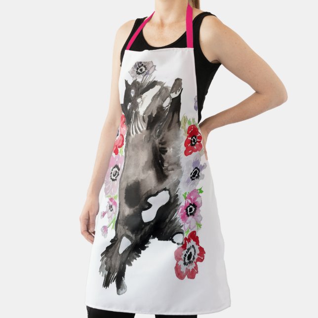 Tuxedo Cat Black White Funny Cute Cats Floral Apron (Insitu)