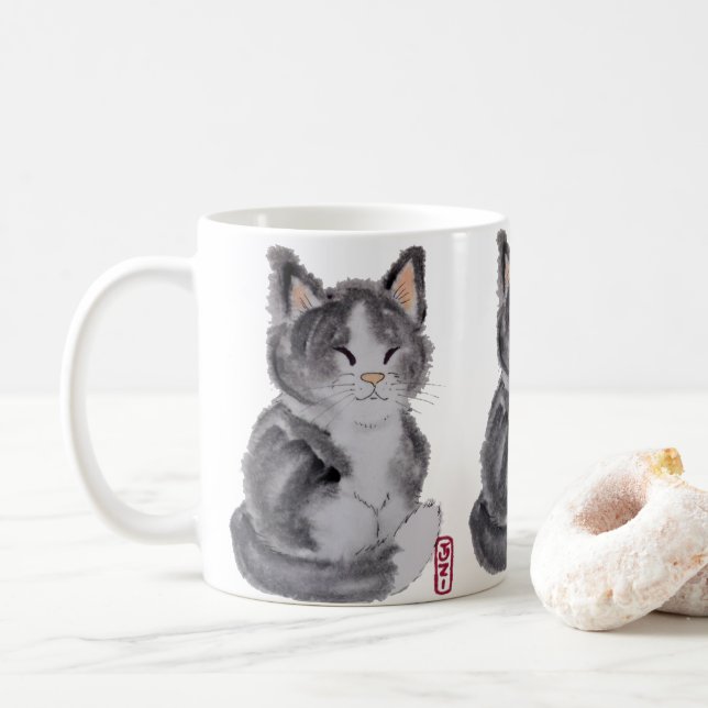 Tuxedo Cat Black White Kitten Watercolor Elegant Coffee Mug (With Donut)
