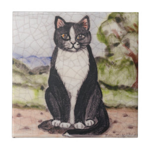 Tuxedo Cat Black & White Landscape Antique Vintage Ceramic Tile