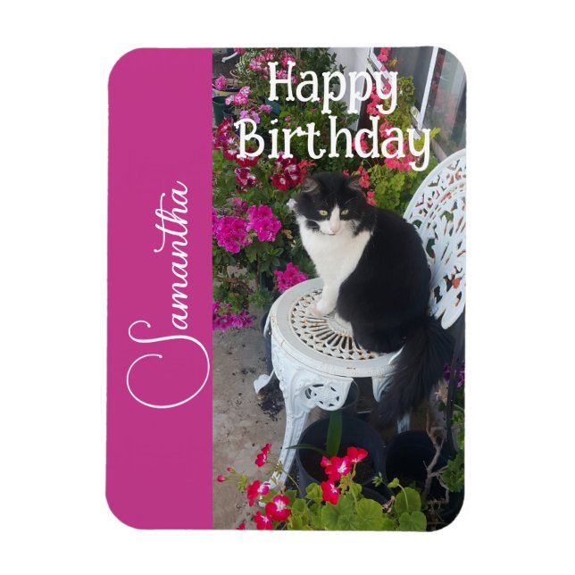 Tuxedo Cat Cats and Flowers Girls Name Birthday Magnet (Vertical)