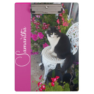 Tuxedo Cat Cats and Flowers Girls Name Dark Pink Clipboard