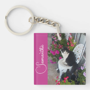 Tuxedo Cat Cats and Flowers Girls Name Dark Pink Key Ring