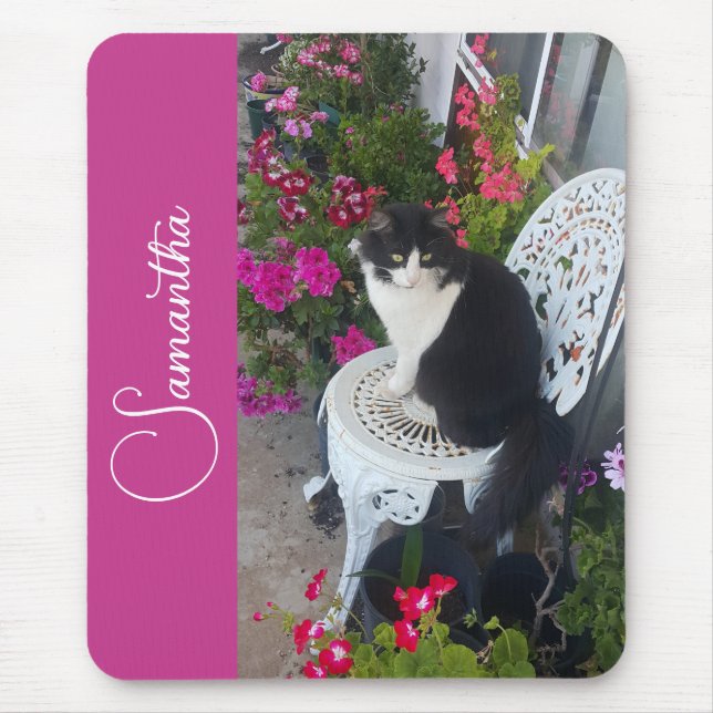 Tuxedo Cat Cats and Flowers Girls Name Dark Pink Mouse Pad (Front)
