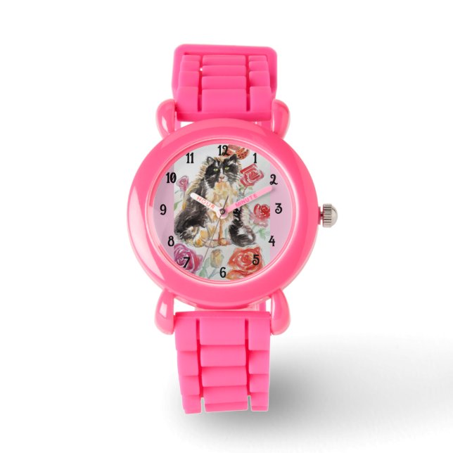 Tuxedo Cat Cats Art Animal Childs Girls Cute Pink Watch (Front)