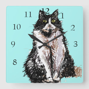 Tuxedo Cat Cats Art Animal Childs Nursery Room Squ Square Wall Clock