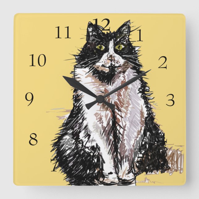 Tuxedo Cat Cats Art Animal Childs Nursery Room Square Wall Clock (Front)