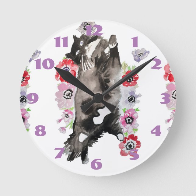 Tuxedo Cat Cats Art Animal Childs Pink Round Clock (Front)