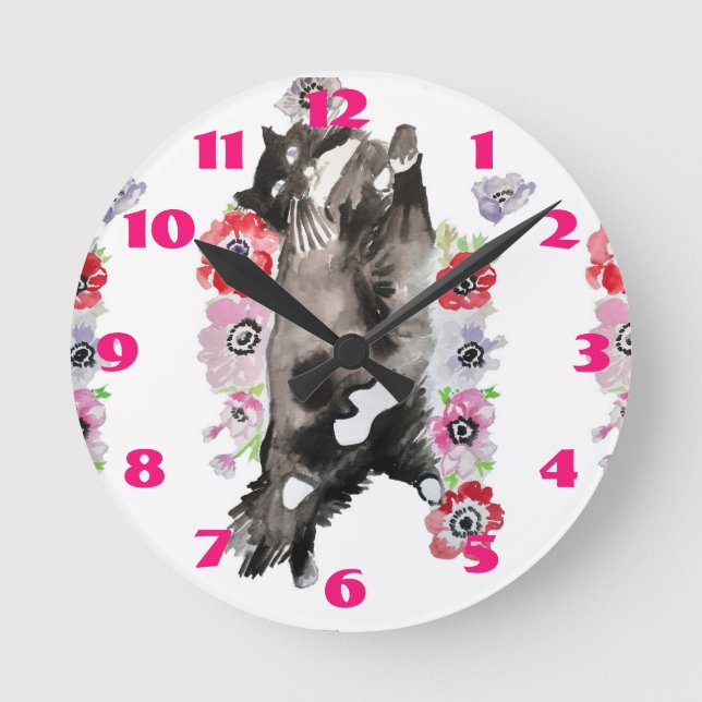 Tuxedo Cat Cats Art Animal Childs Pink Round Clock (Front)