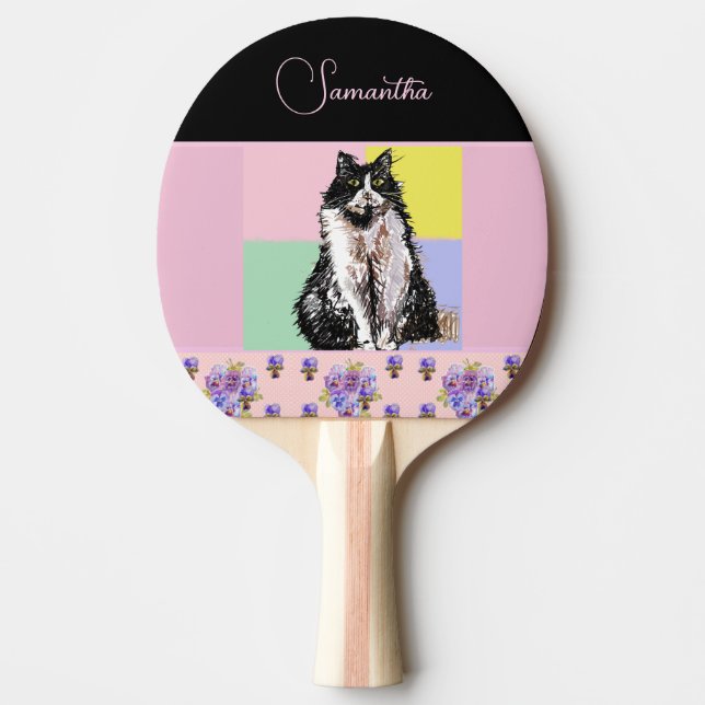 Tuxedo Cat Cats Pastel Pink Girls Customizable Ping Pong Paddle (Front)