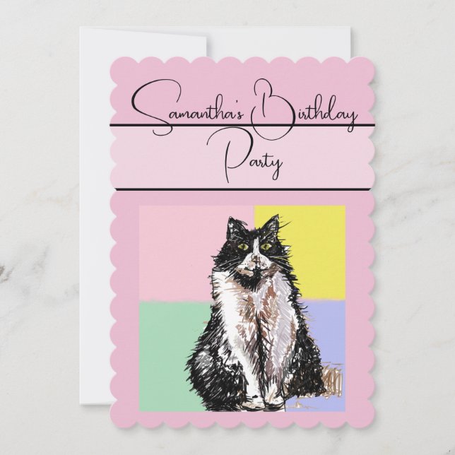 Tuxedo Cat Cats Pink Birthday Party Invitation (Front)