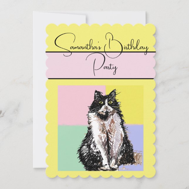 Tuxedo Cat Cats Yellow Birthday Party Invitation (Front)
