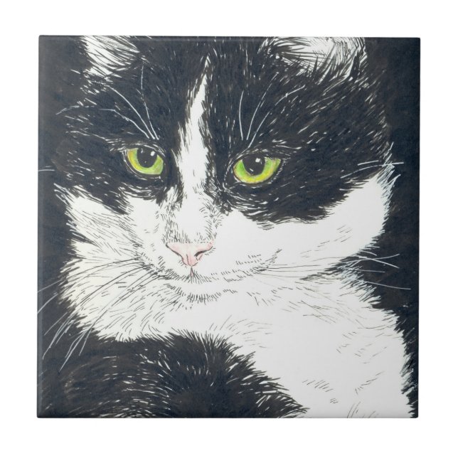 Tuxedo cat ceramic tile (Front)
