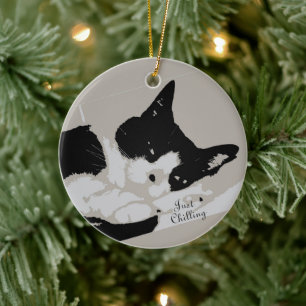 Tuxedo Cat Chilling Ceramic Ornament