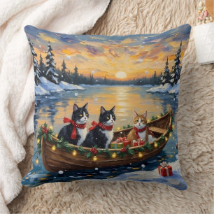 Tuxedo Cat Christmas Boat Holiday Cushion