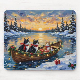 Tuxedo Cat Christmas Boat Holiday Mouse Pad