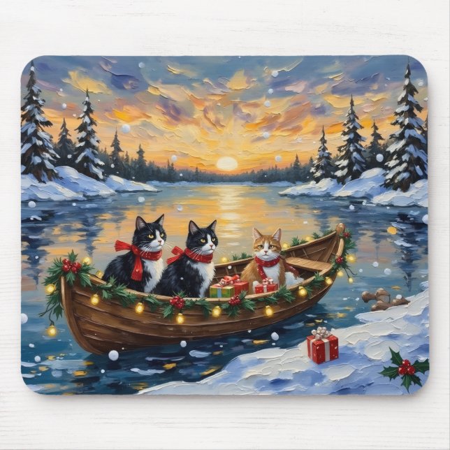 Tuxedo Cat Christmas Boat Holiday Mouse Pad (Front)