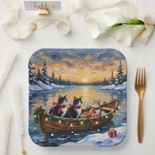 Tuxedo Cat Christmas Boat Holiday Paper Plate