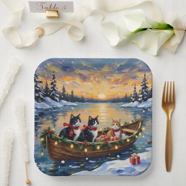 Tuxedo Cat Christmas Boat Holiday Paper Plate (Wedding)