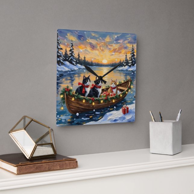 Tuxedo Cat Christmas Boat Holiday Square Wall Clock (Office)