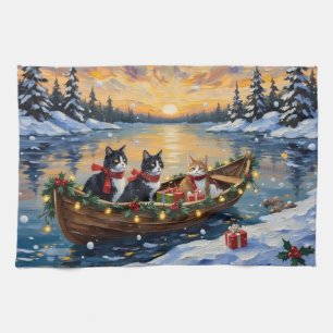 Tuxedo Cat Christmas Boat Holiday Tea Towel