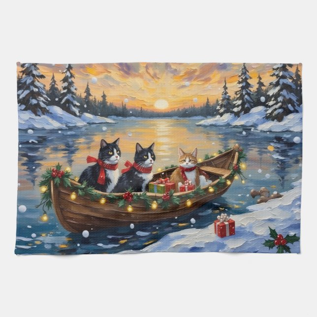 Tuxedo Cat Christmas Boat Holiday Tea Towel (Horizontal)