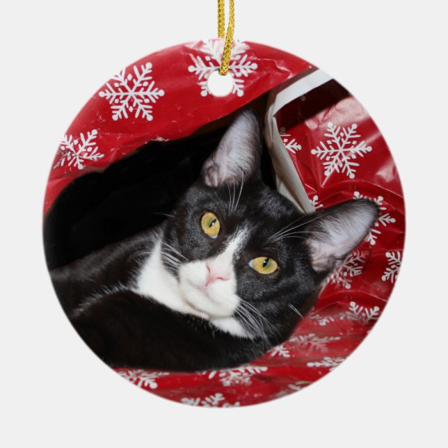 Tuxedo cat Christmas Ceramic Ornament (Front)