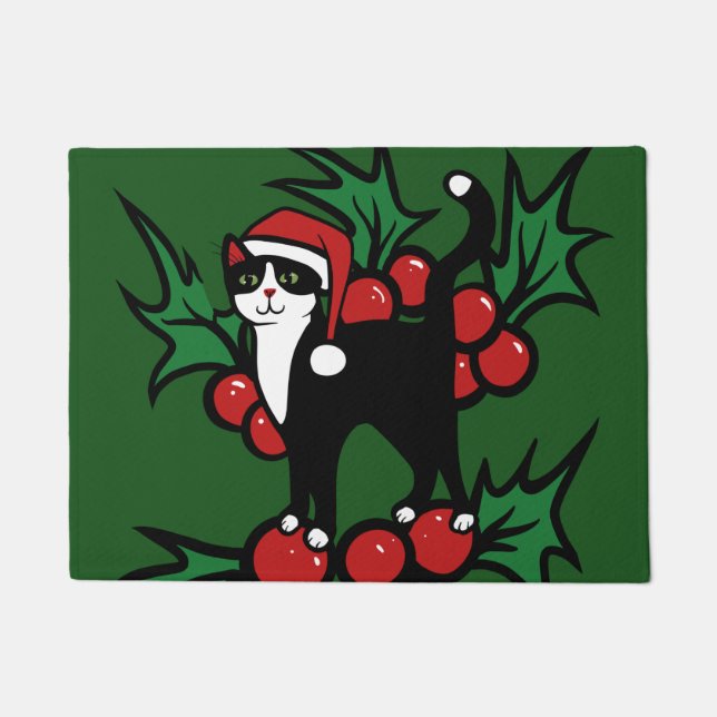 Tuxedo Cat Christmas Doormat (Front)