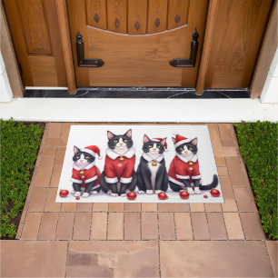 Tuxedo Cat Christmas Dress Santa Hat Doormat
