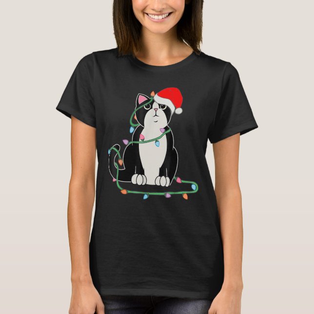 Tuxedo Cat Christmas Lights  Cat  Xmas Hat T-Shirt (Front)