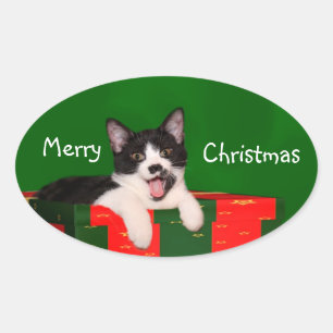 Tuxedo cat Christmas Oval Sticker