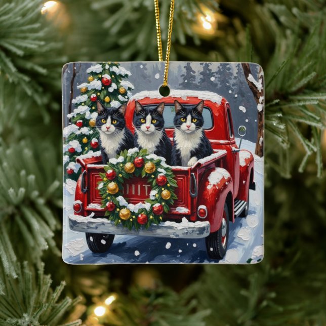 Tuxedo Cat Christmas Red Truck Holiday Ceramic Ornament (Tree)