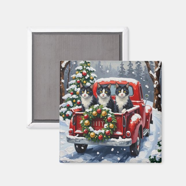 Tuxedo Cat Christmas Red Truck Holiday Magnet (Front/Back)