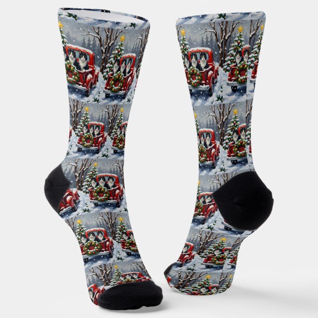 Tuxedo Cat Christmas Red Truck Holiday Socks (Angled)
