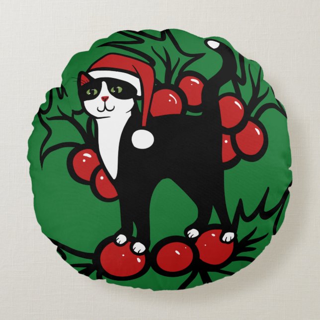 Tuxedo Cat Christmas Round Cushion (Front)
